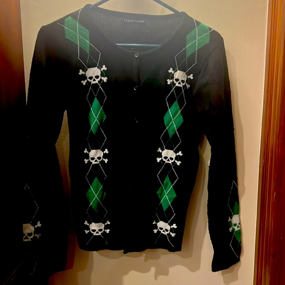 Liquor Brand black skull cardigan sweater size Medium